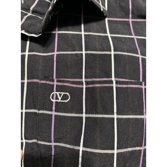 Valentino Men's Casual Black Purple And White Checker Button Down Shirt Size L - Picture 2 of 8